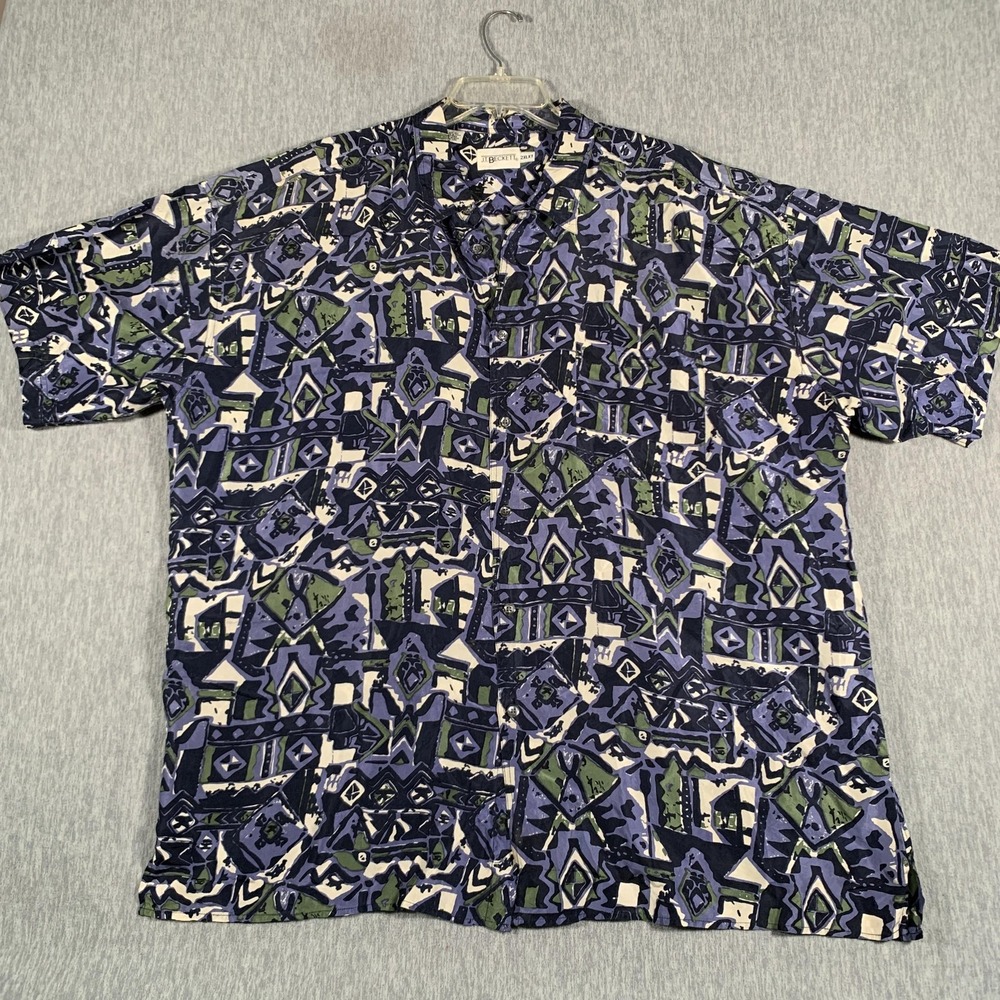 JT Beckett Shirt Mens 2XL Tall Blue Green Silk Button‎ Front Abstract Print